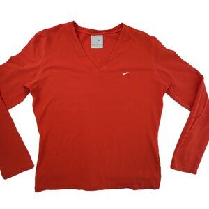 Nike T-Shirt Women's Large Red Long Sleeve V Neck Cotton Stretch White Swoosh